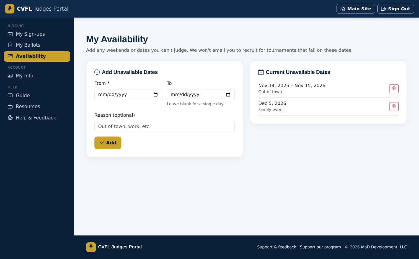 Availability — add the weekends you can’t judge.
