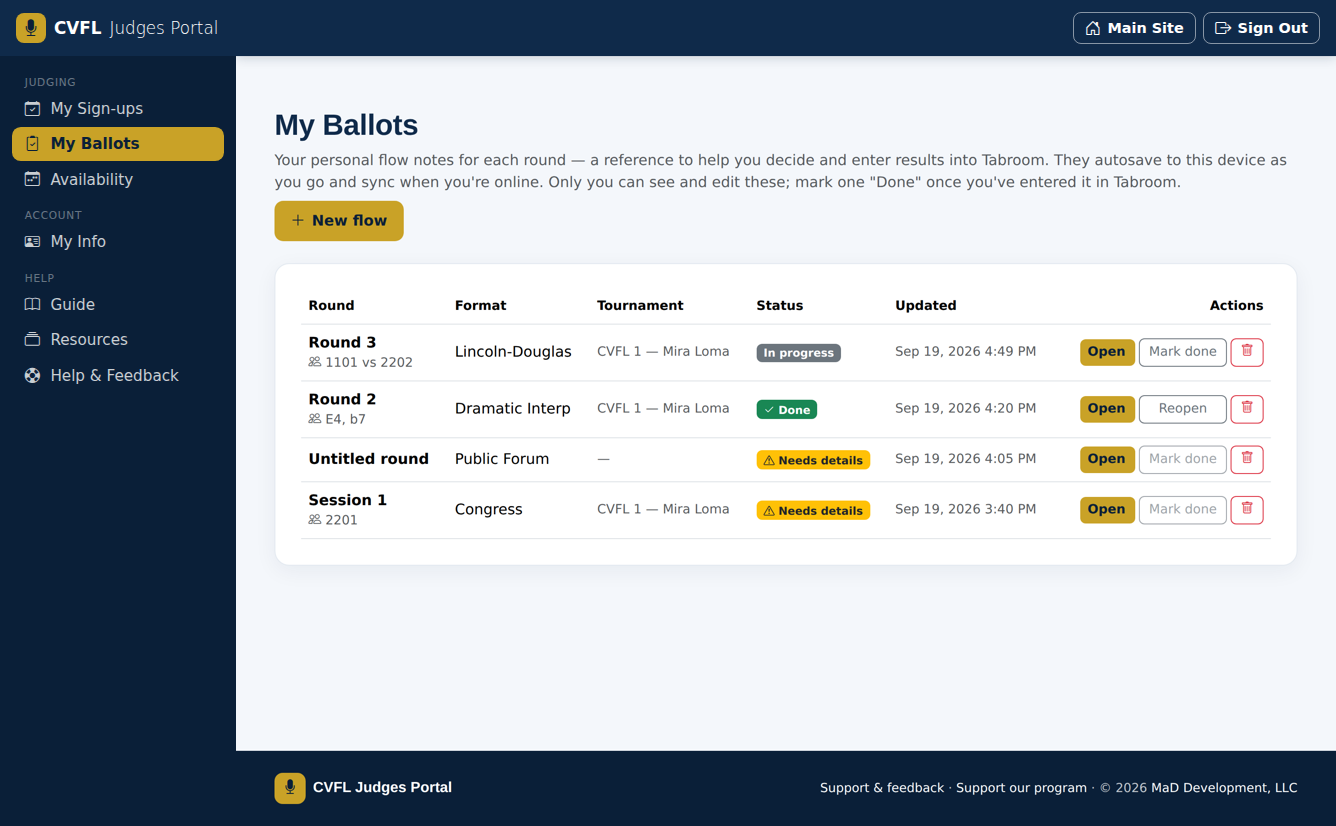My Ballots — every round in one place, with status badges.