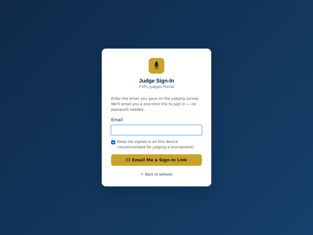 The Judge Sign-In screen — enter your email and we send a link.