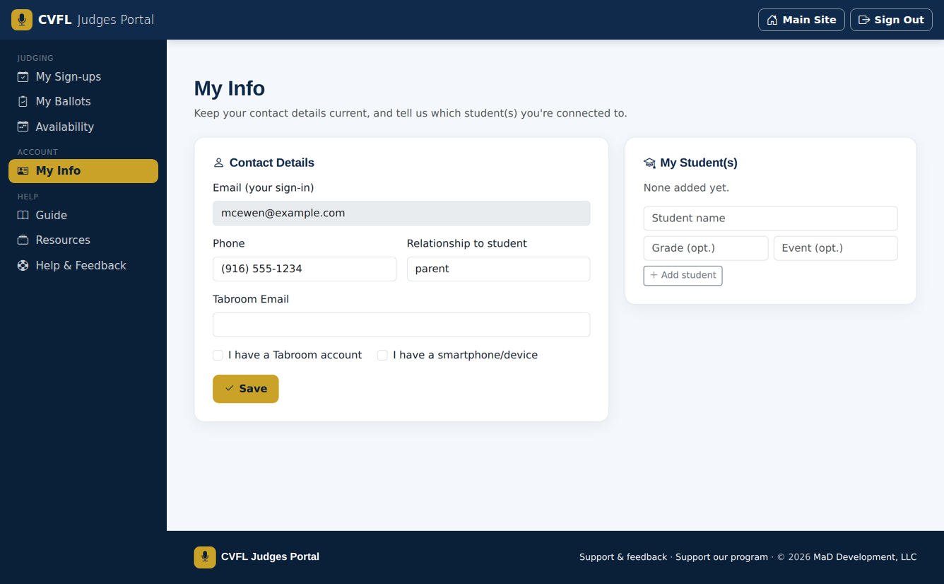My Info — contact details and your student(s).