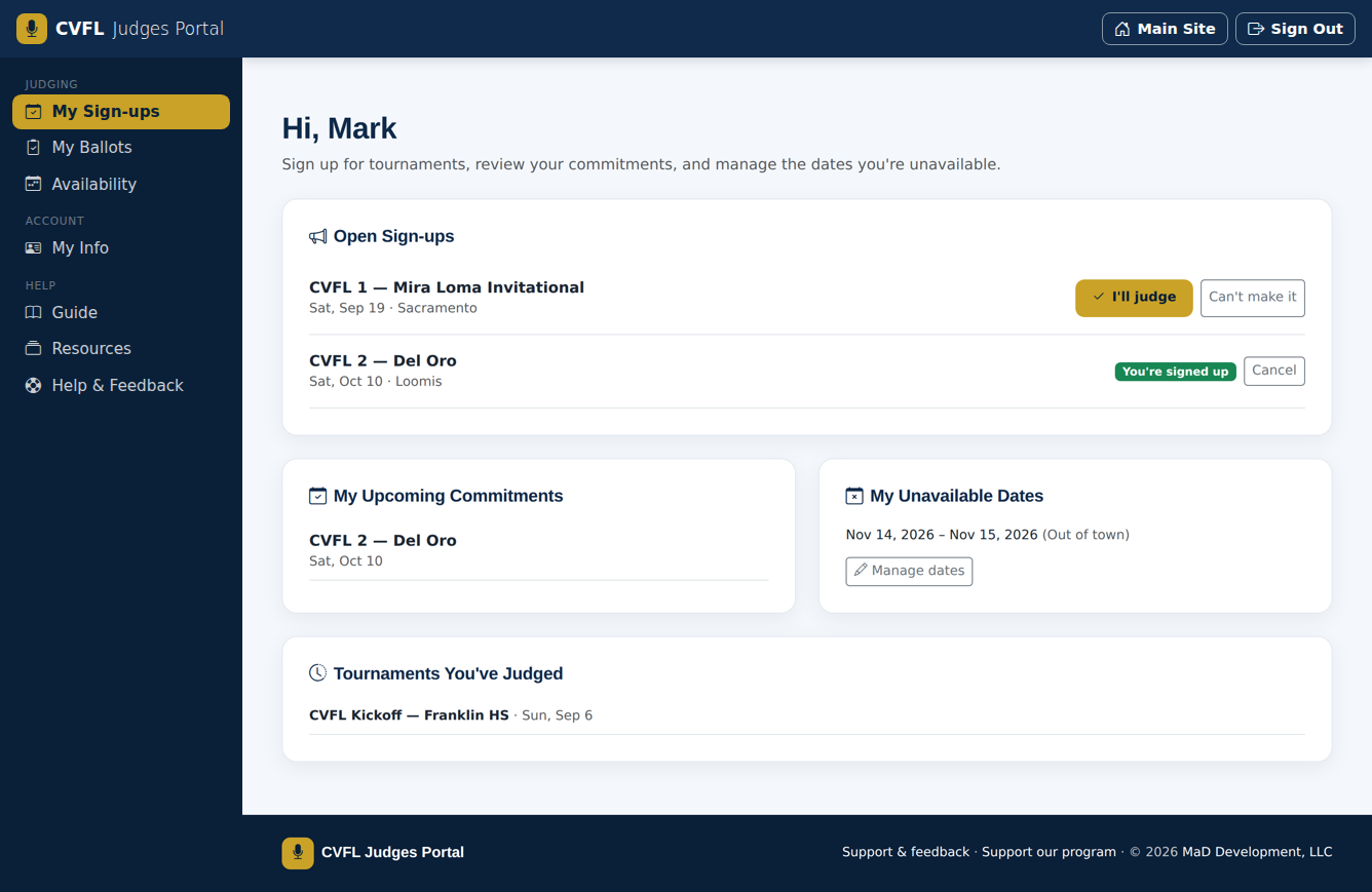 My Sign-ups — commit or decline in one tap.